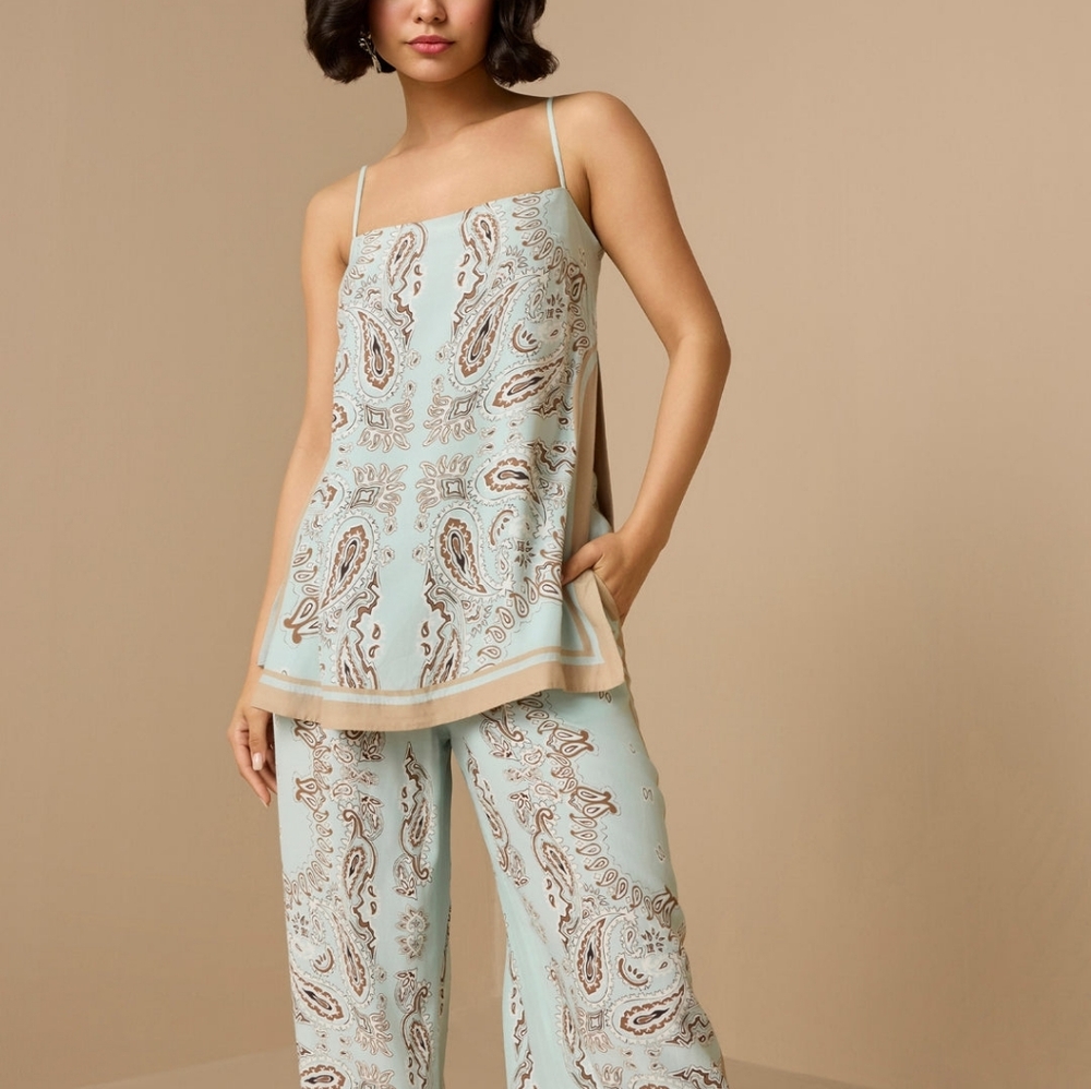 Hemant & Nandita Paisley Aqua Blue  Green Slit Top NWT Sz XS - Picture 12 of 14